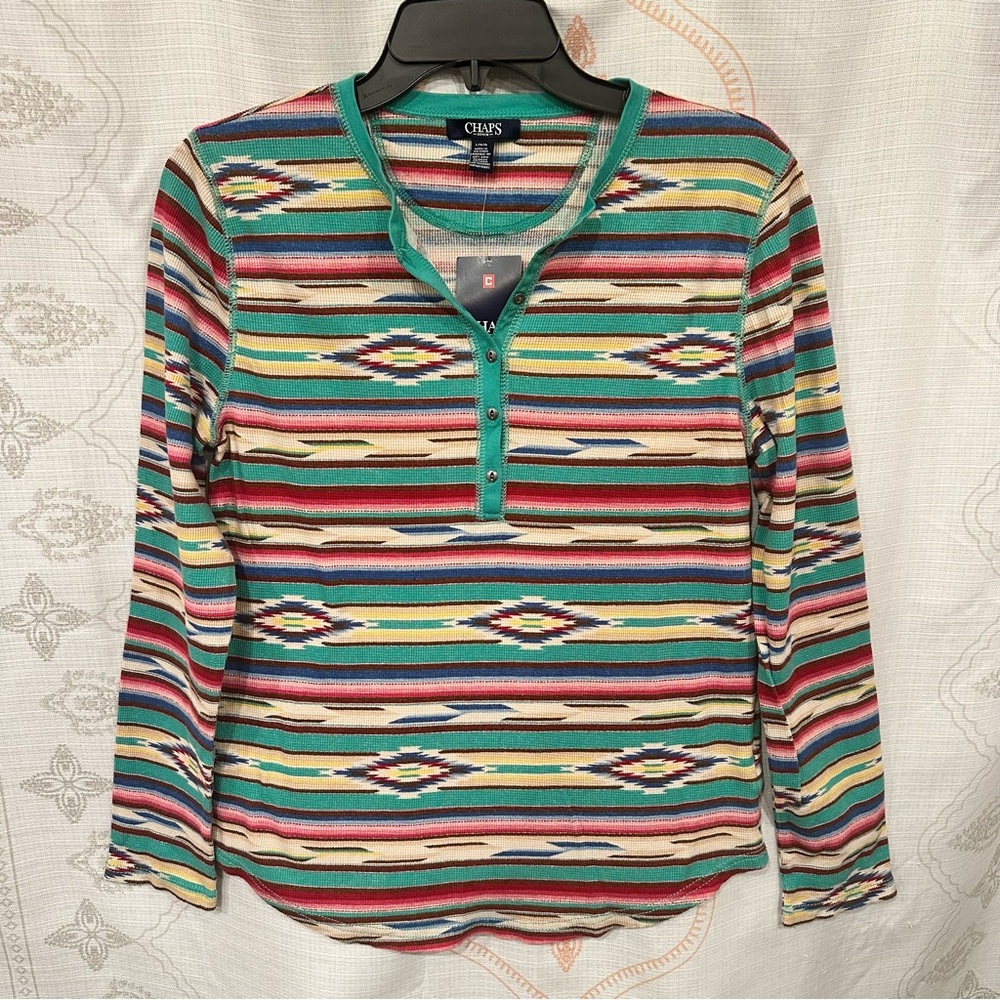 NWT Chaps Southwestern Serape Print Henley Top